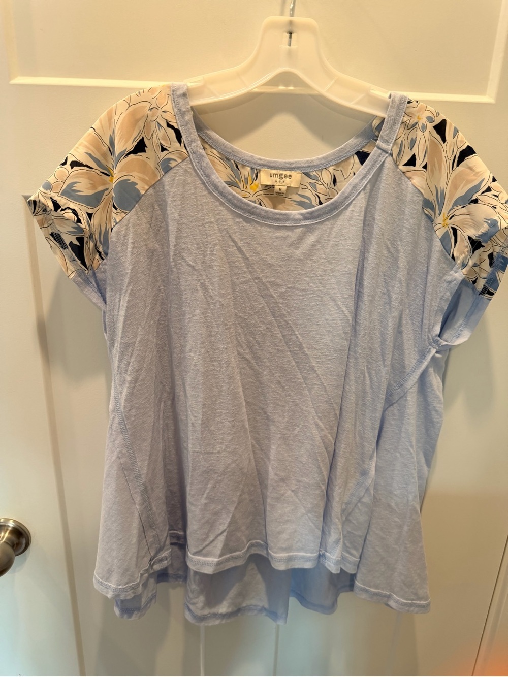 Umgee Medium Blue Floral Cold Shoulder High Low Boho Top